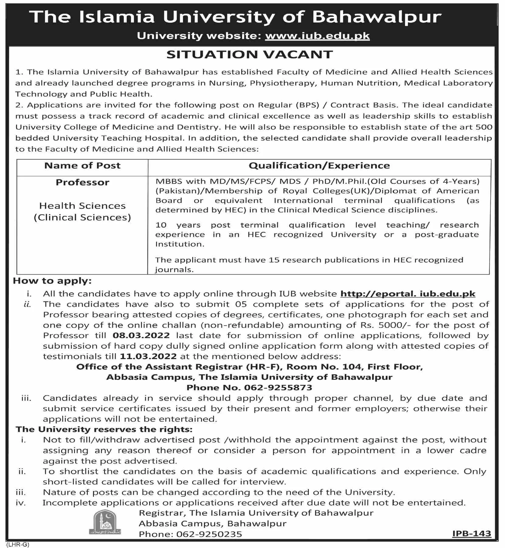 The Islamia University of Bahawalpur JOBS – Islamia University Bahawalpur Jobs 2022 — original advertisement
