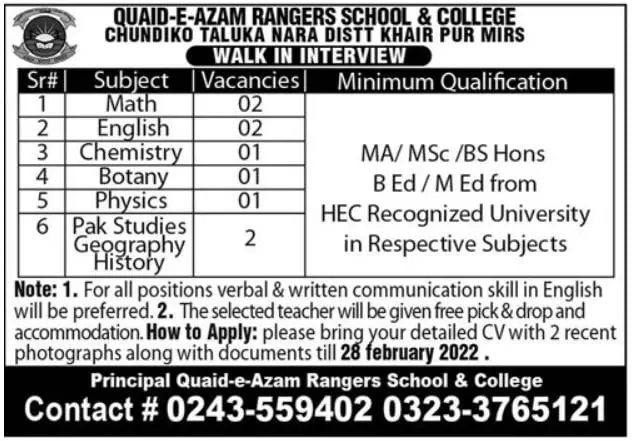 Quaid e Azam Rangers School & College JOBS – Quaid-e-Azam Medical College Bahawalpur Jobs 2022 — original advertisement