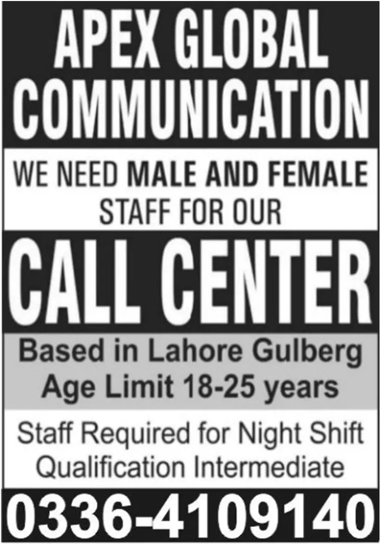 Apex Global Communication JOBS – Private Sector Organization Jobs 2022 — original advertisement