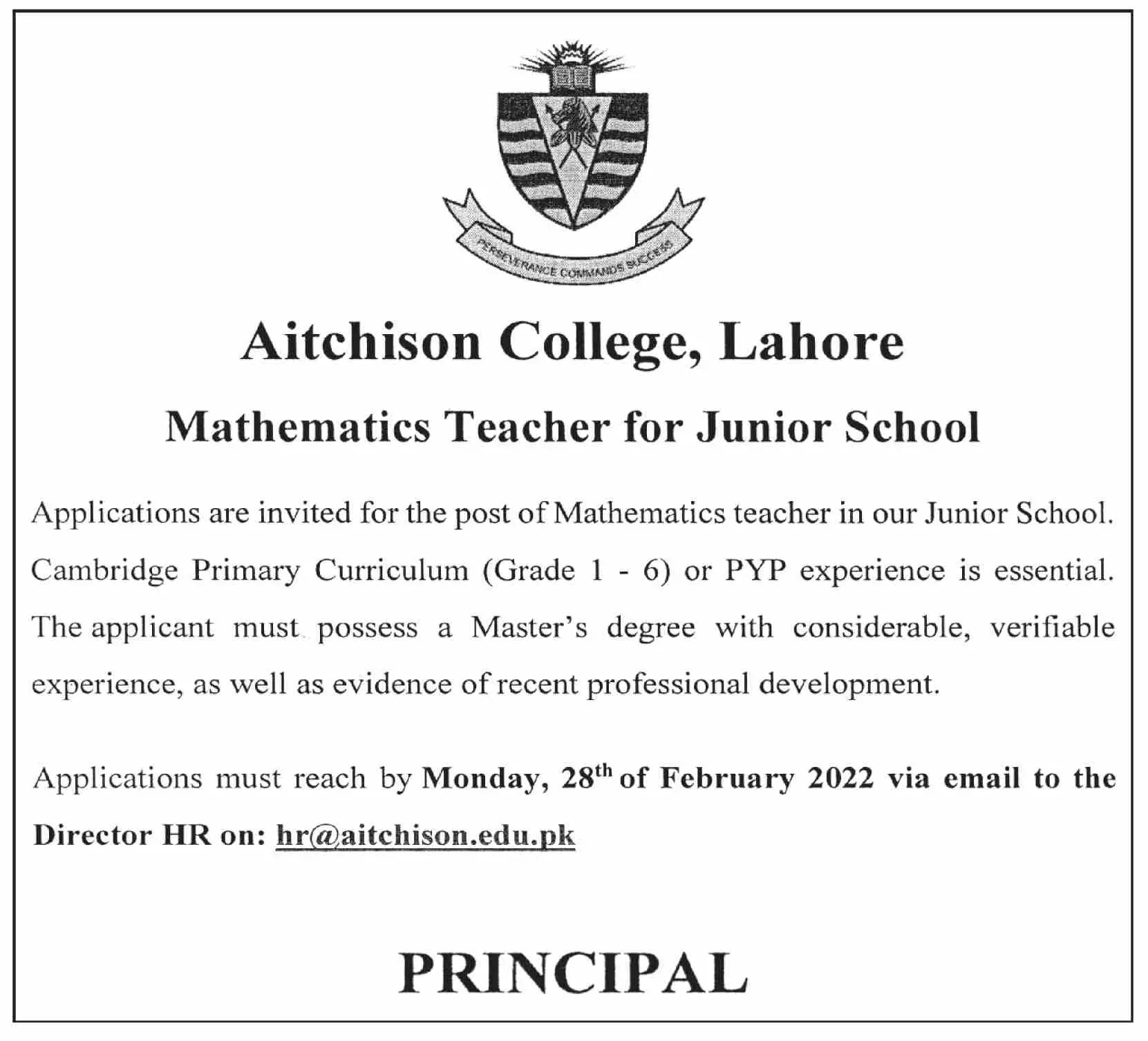 Aitchison College Mathematics Teacher For Junior school Jobs – Ali Institute of Education Lahore Jobs 2022 — original advertisement