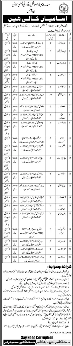 Sindh Employees' Social Security Institution JOBS – Punjab Employees Social Security Institution (PESSI) Jobs 2022 — original advertisement