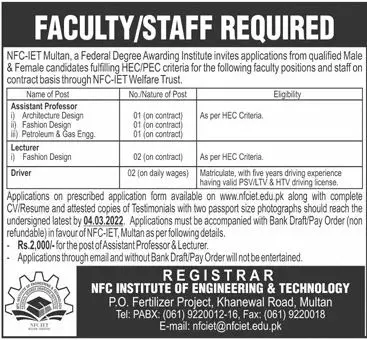 NFC Institute of Engineering & Technology JOBS – NFC Institute of Engineering and Fertilizer Research Faisalabad Jobs 2022 — original advertisement
