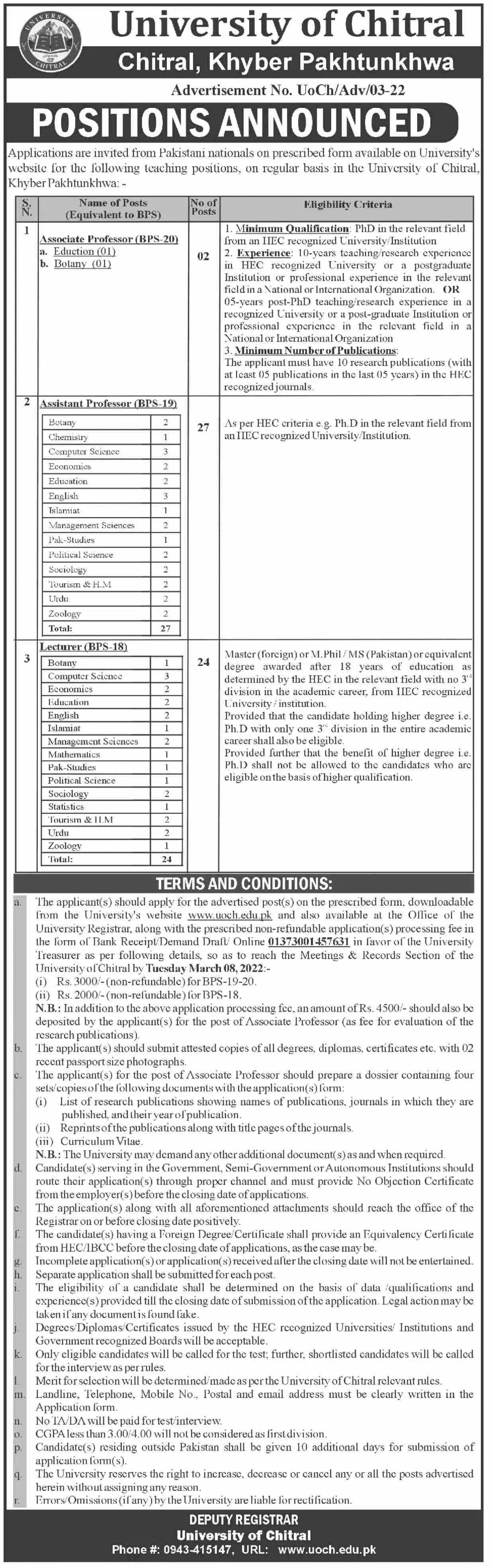 University of Chitral - Khyber Pakhtunkhwa Pakistan JOBS Jobs 2022 — original advertisement