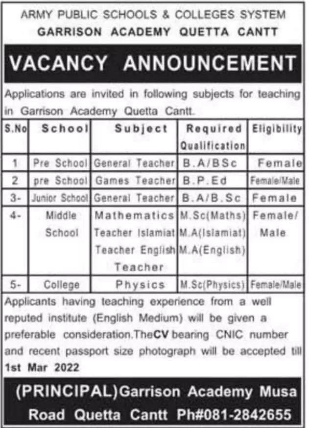 Army Public School And College System JOBS – Army Public School & College Paksitan Jobs 2022 — original advertisement