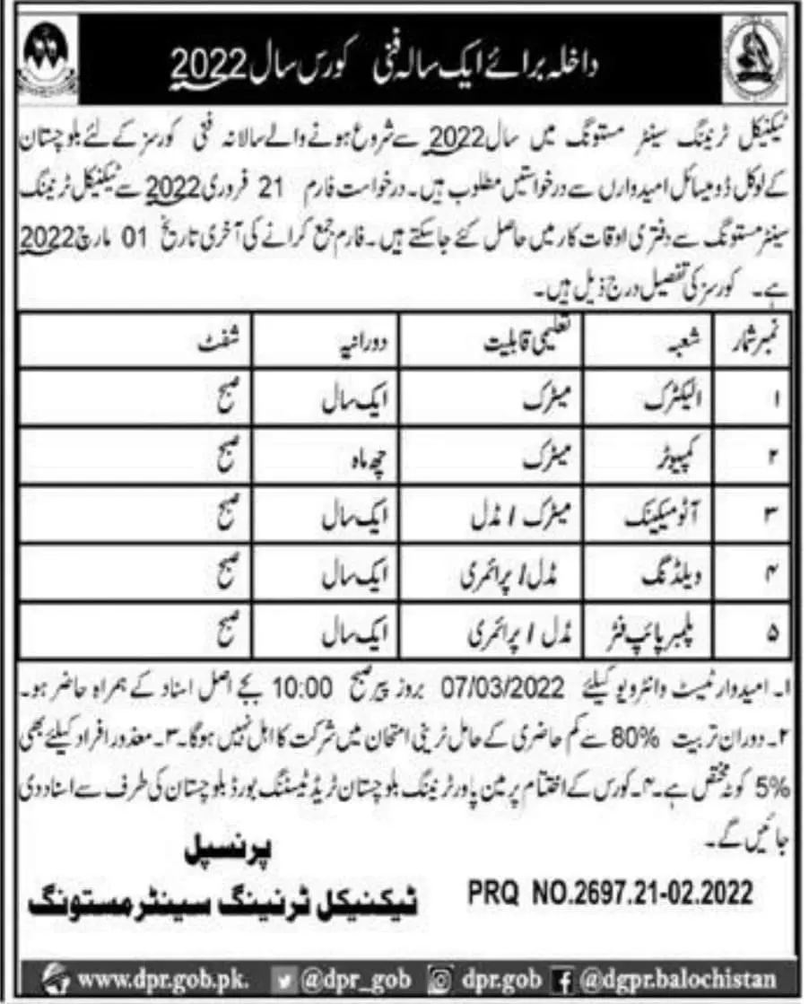 Technical Training Center Mastung QUETTA JOBS – Women Technical Training Center Quetta Jobs 2022 — original advertisement