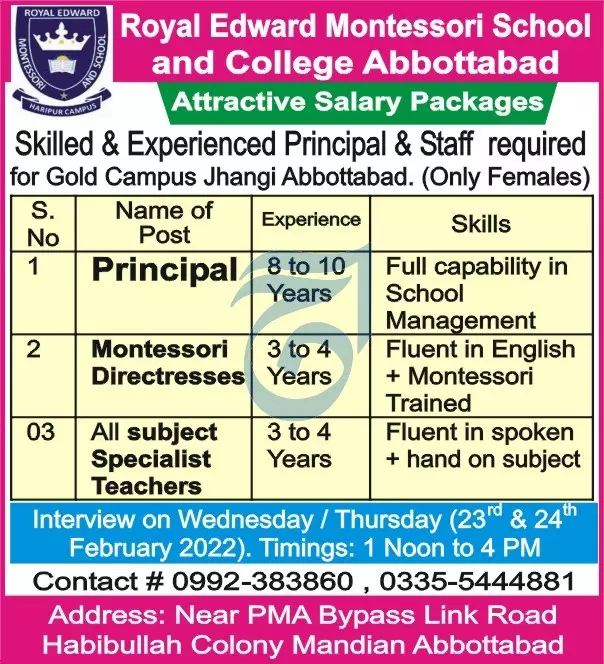 Royal Edward Montessori School Abbottabad  jobs – Abbottabad Public School & College Abbottabad Jobs 2022 — original advertisement