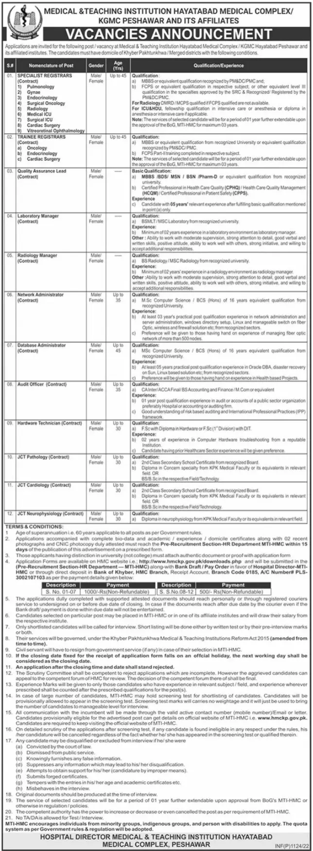 MMMTI Hayatabad Medical Complex Peshawar Jobs – Public Sector Organization Jobs 2022 — original advertisement