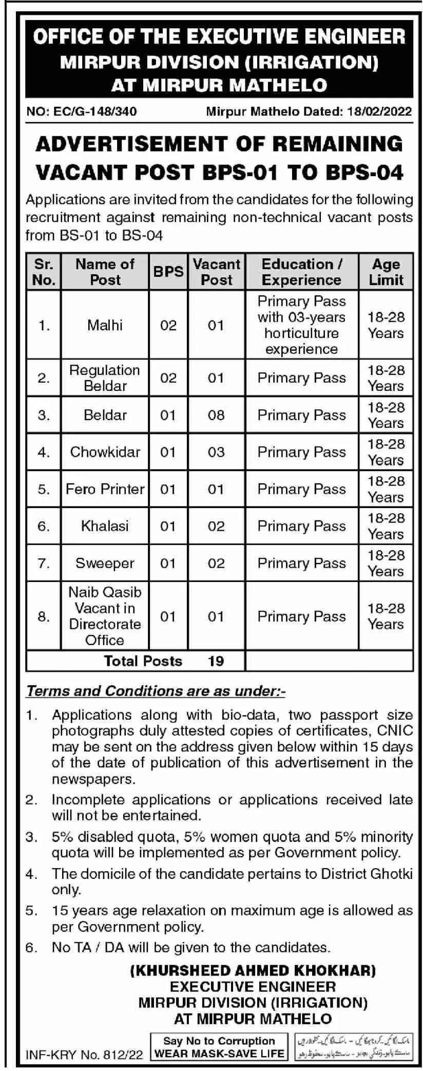 Office Of  The Exective Engineer Jobs – Irrigation Department Sindh Jobs 2022 — original advertisement