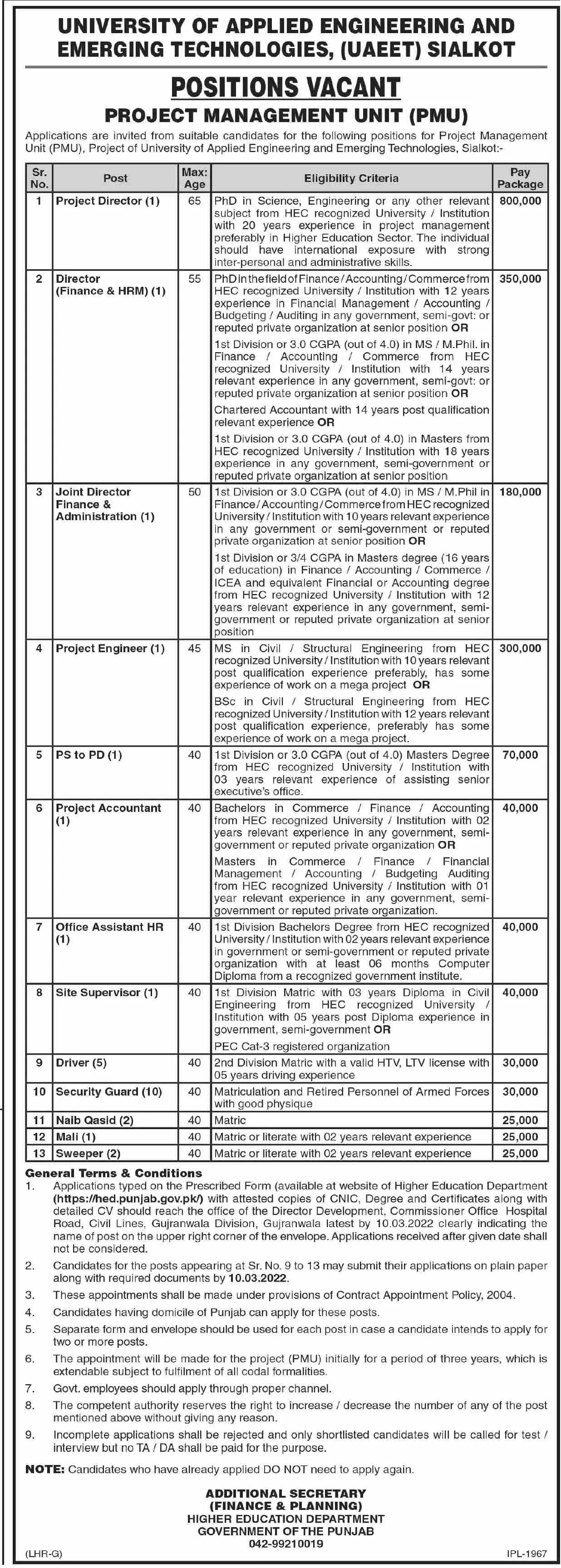 University Of Applied Engineering and Technologies Jobs – Higher Education Department Punjab Jobs 2022 — original advertisement