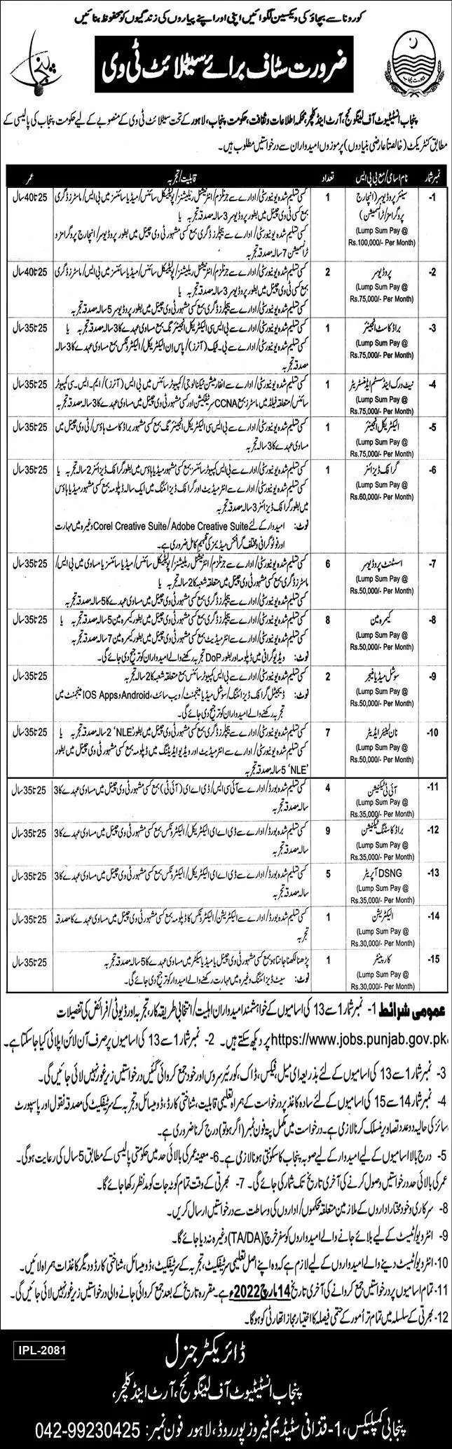 Satellite Television Jobs – Govt of Punjab Jobs 2022 — original advertisement