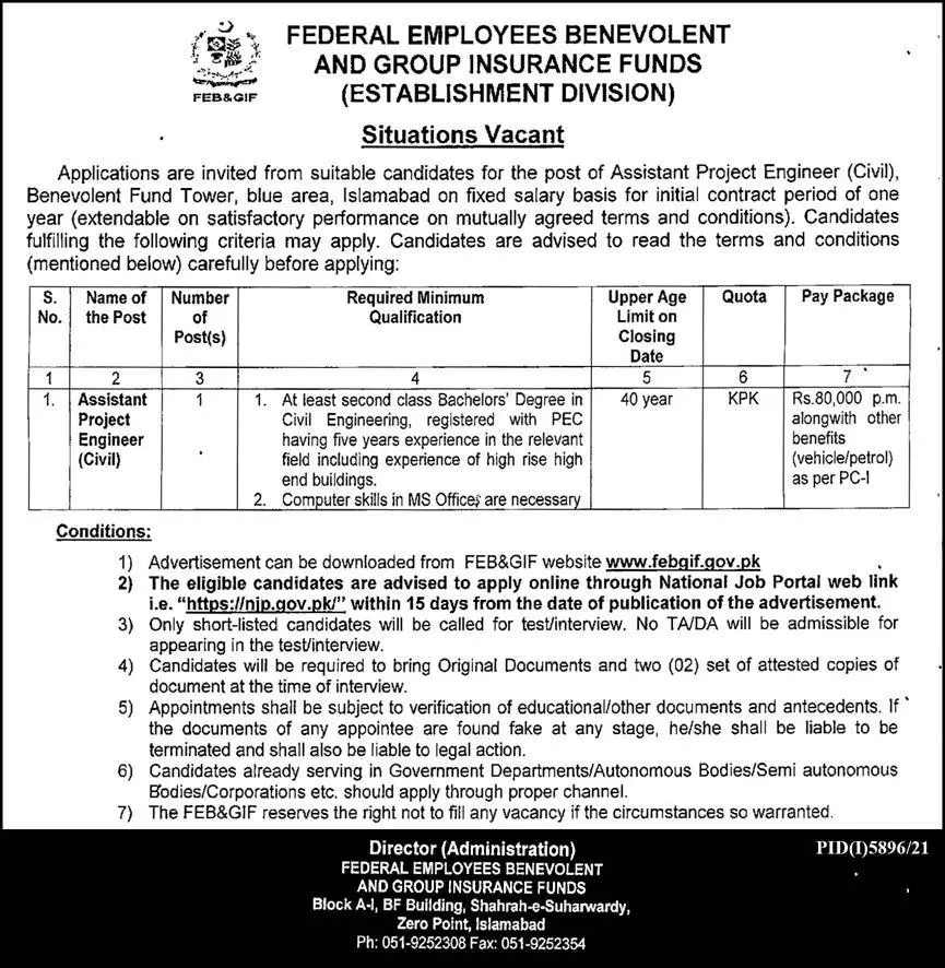 Federal Employees Benevolent & Group Insurance Funds Jobs – Establishment Division Islamabad Jobs 2022 — original advertisement