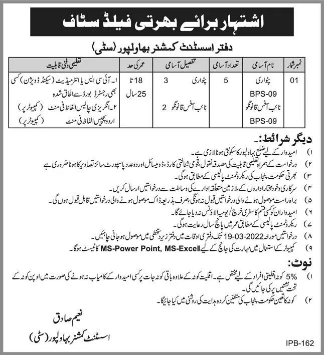 Jobs Revenue Department Bahawalpur – Revenue Department Punjab Jobs 2022 — original advertisement