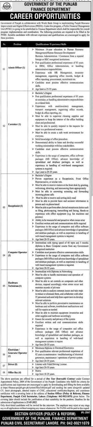 Finance Department Punjab Jobs 2022 Jobs 2022 — original advertisement