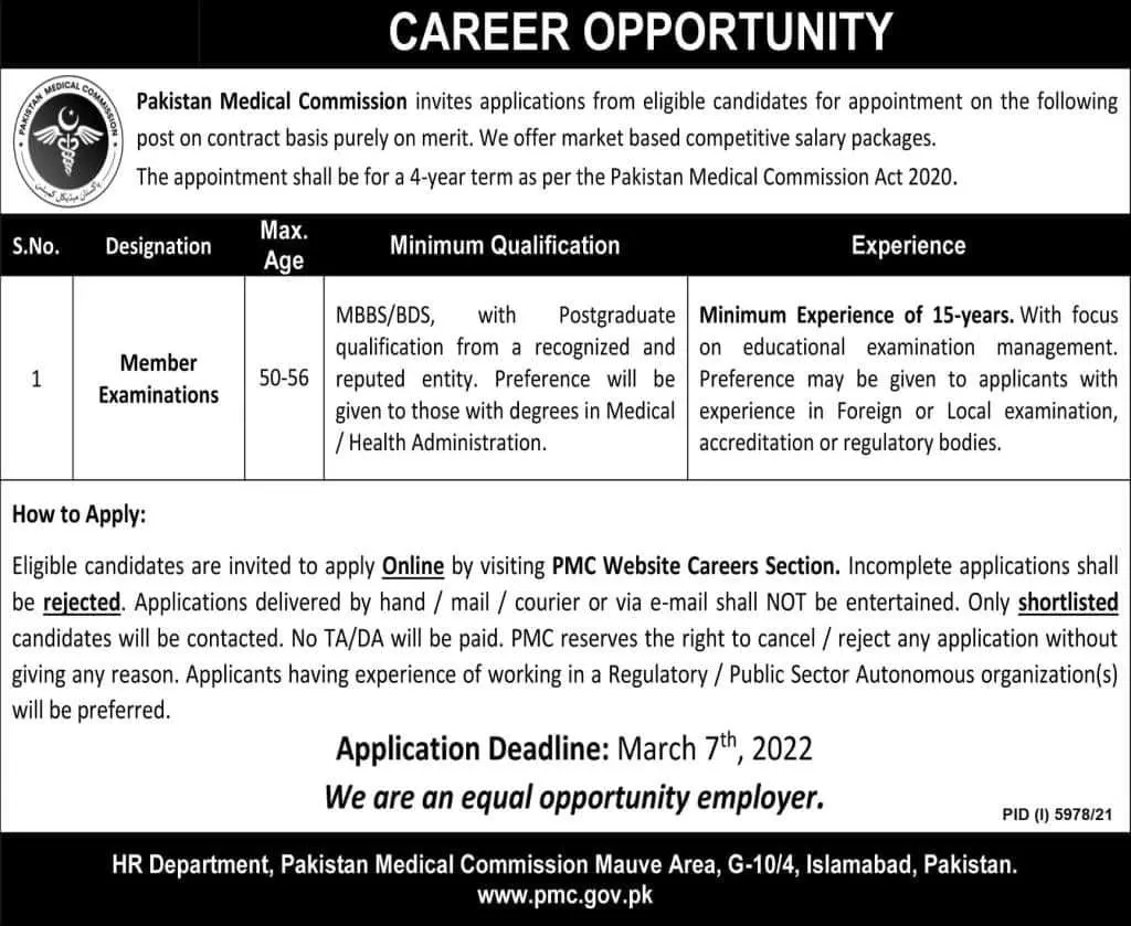 Jobs In Pakistan Medical Commission Jobs 2022 — original advertisement