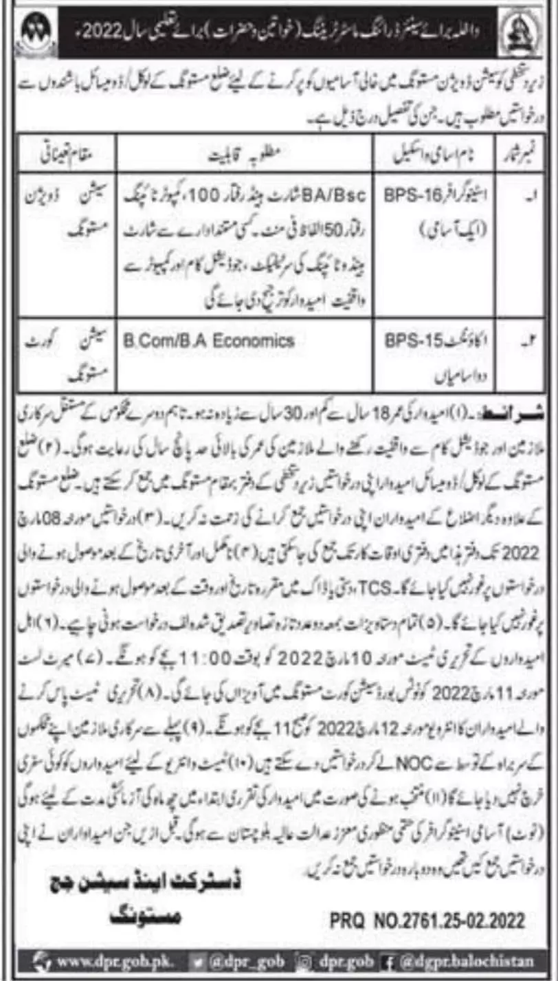 District & Session Judge Mastung Jobs Jobs 2022 — original advertisement
