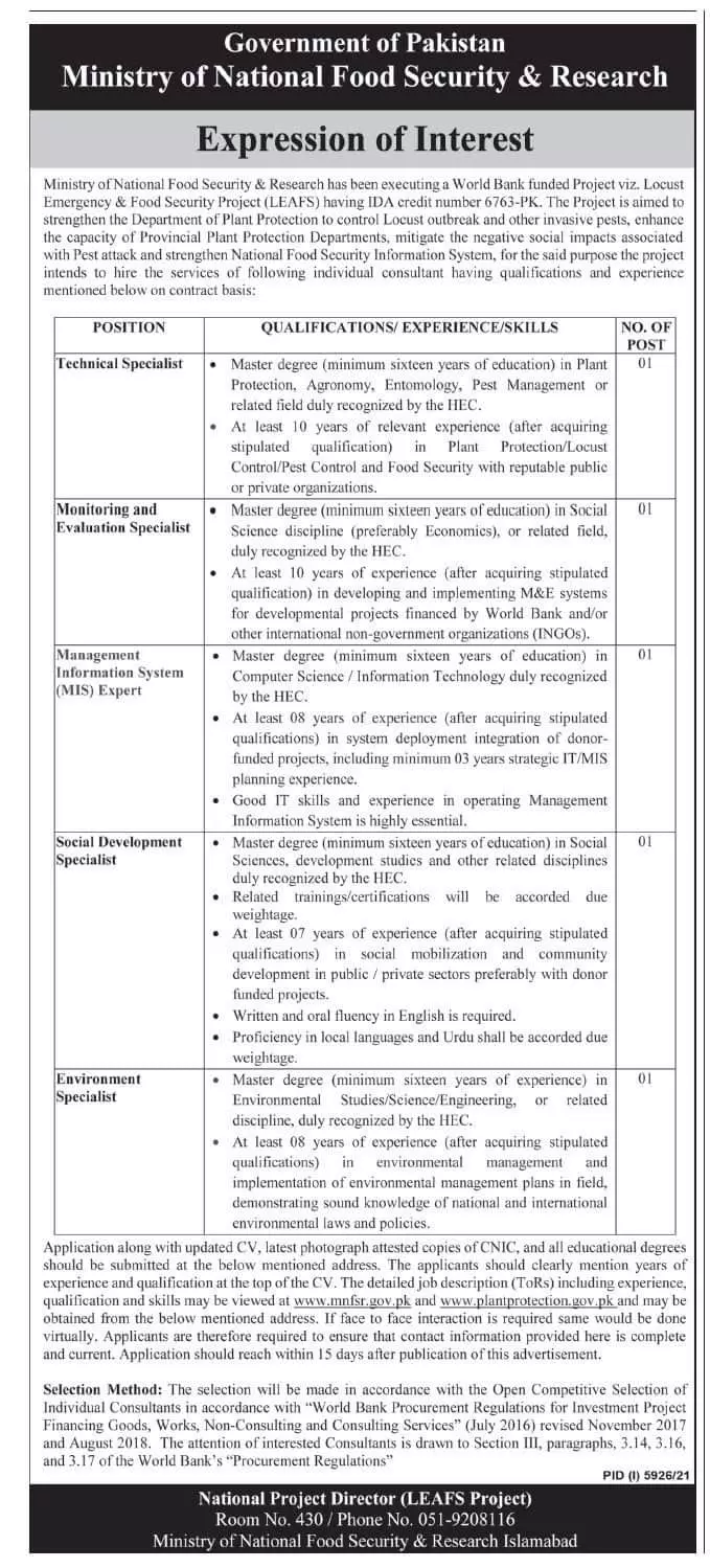Ministry Of National Food Security And Research Jobs – Ministry of National Food Security & Research Jobs 2022 — original advertisement