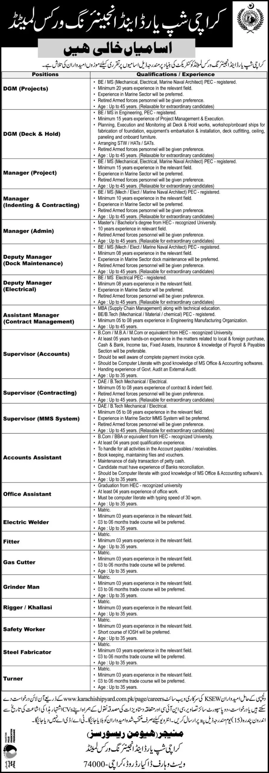 Karachi Shipyard & Engineering Works Jobs 2022 – Karachi Shipyard & Engineering Works Limited Jobs 2022 — original advertisement