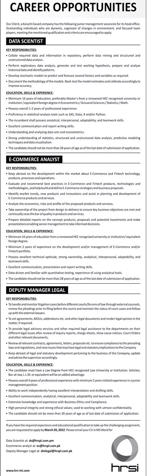 Jobs In Karachi  Based Company 2022 – Private Company Jobs 2022 — original advertisement