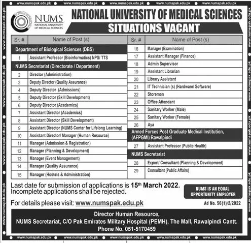 National University of Medical Sciences Nums  Jobs – National University of Medical Science NUMS Jobs 2022 — original advertisement