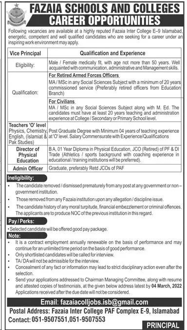 Jobs In Fazaia Schools and Colleges – Fazaia Schools & Colleges Jobs 2022 — original advertisement