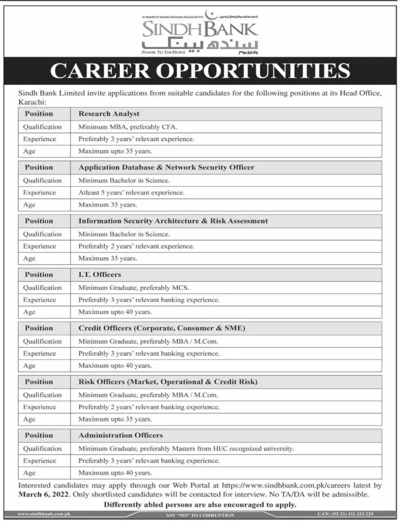 Jobs In Sindh Bank limited Karachi Jobs 2022 — original advertisement