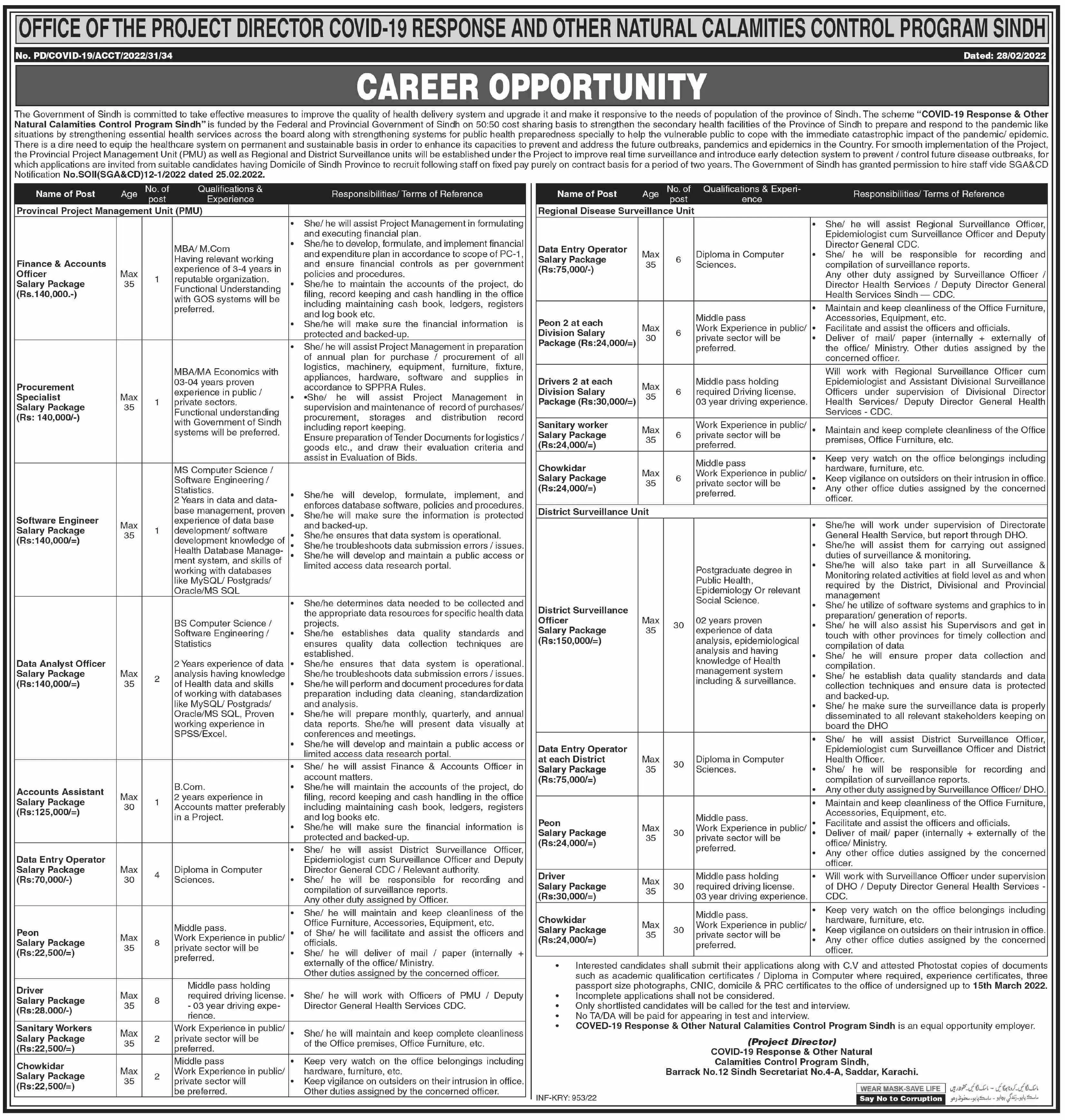 Covid-19-Response & Calamites Control Program Sindh Jobs – Govt of Sindh Jobs 2022 — original advertisement