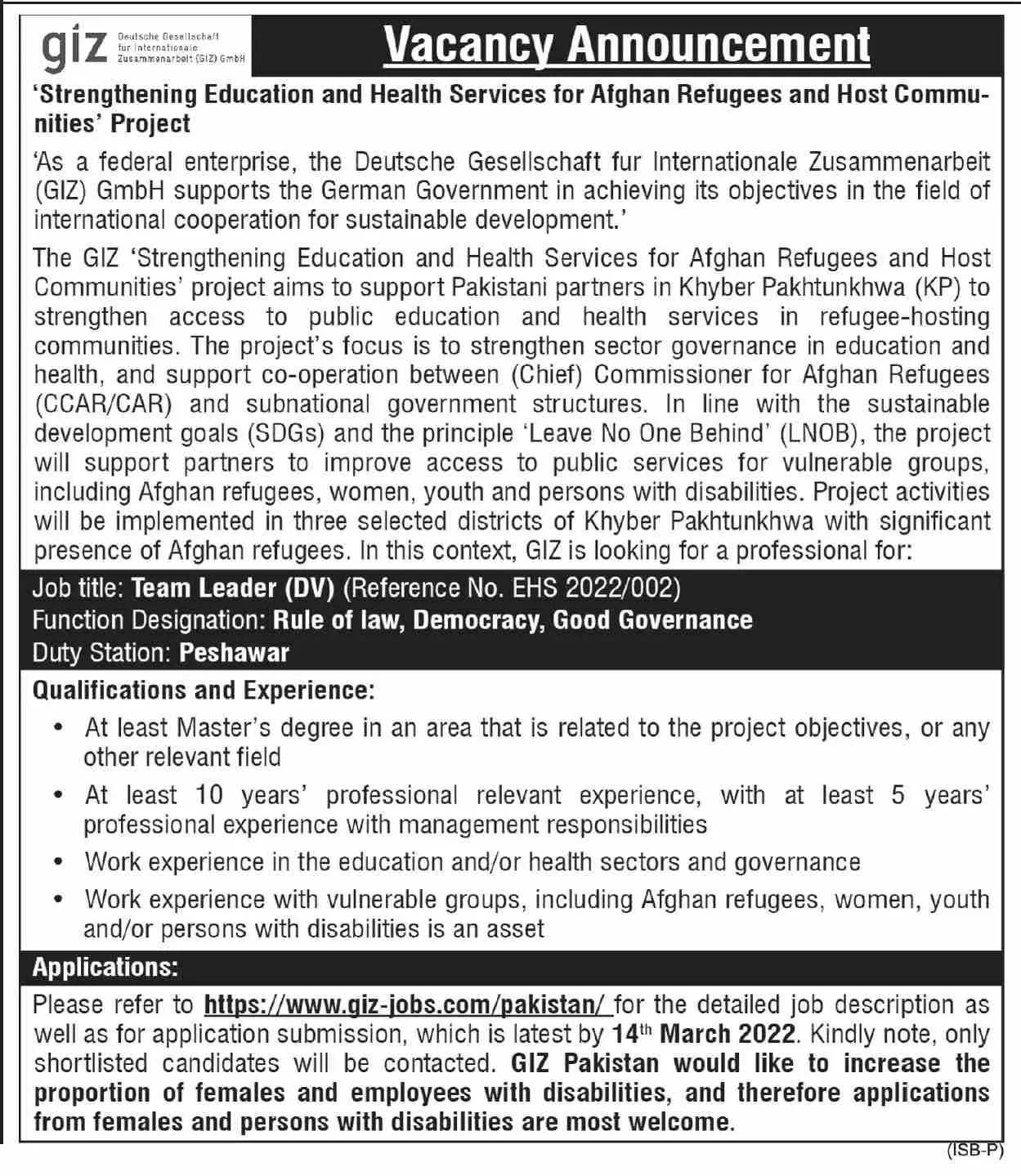 GIZ NGO Jobs 2022 – GIZ Deutsche Gesellschaft für Internationale Zusammenarbeit (GIZ) GmbH Jobs 2022 — original advertisement