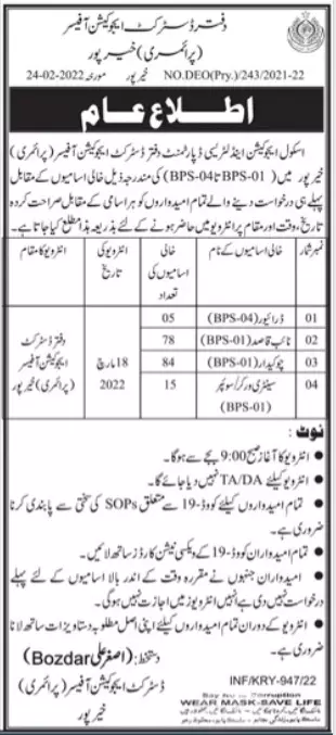 District Education Officer Khairpur Jobs 2022 – School Education & Literacy Department Sindh Jobs 2022 — original advertisement