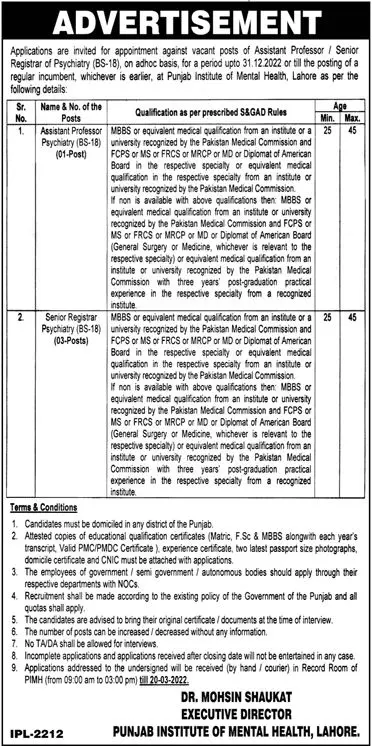 Jobs In Punjab Institute of Mental Health Lahore Jobs 2022 — original advertisement