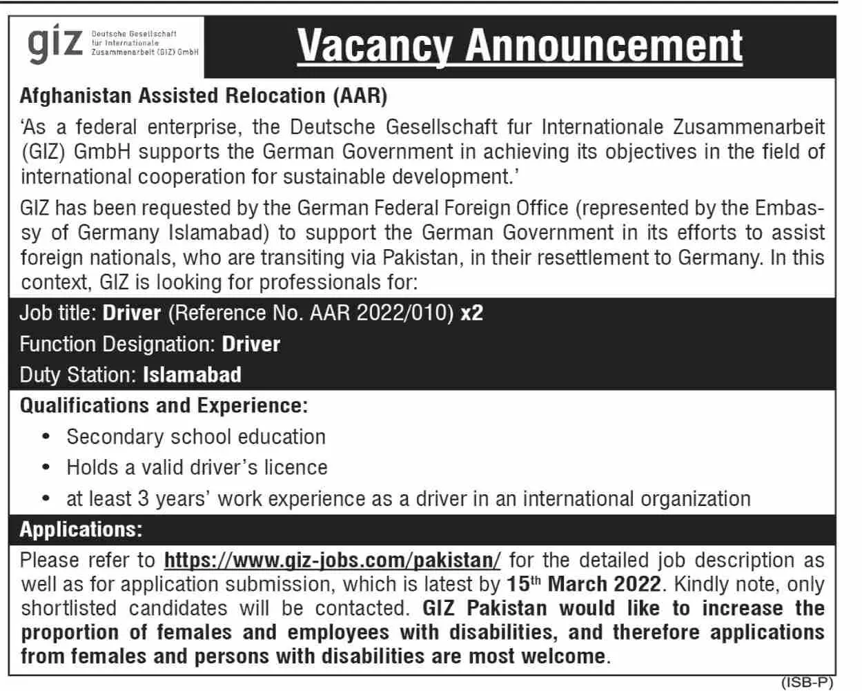 GIZ NGO Jobs – GIZ Deutsche Gesellschaft für Internationale Zusammenarbeit (GIZ) GmbH Jobs 2022 — original advertisement