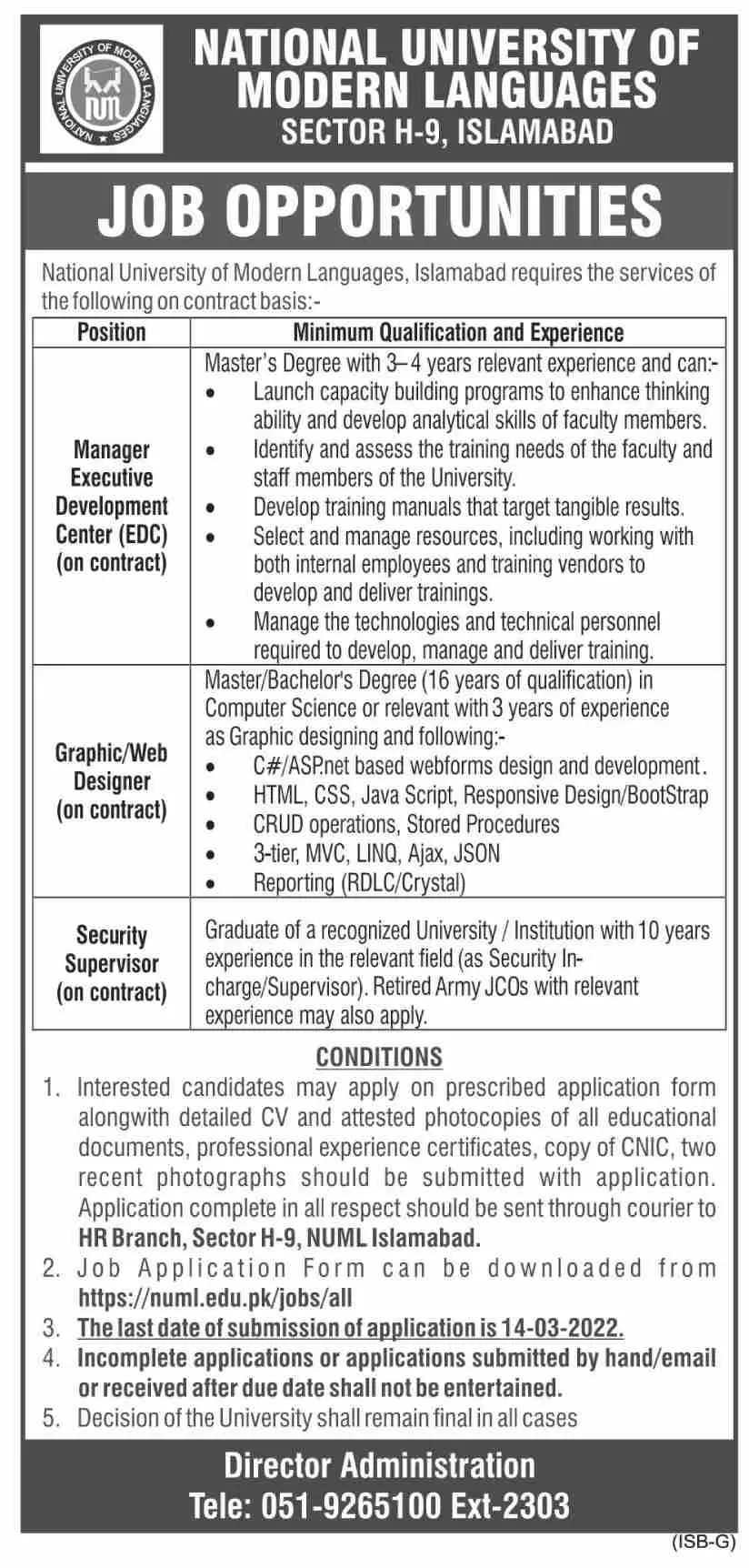 National University of Modern Languages  Jobs – National University of Modern Languages Islamabad Jobs 2022 — original advertisement