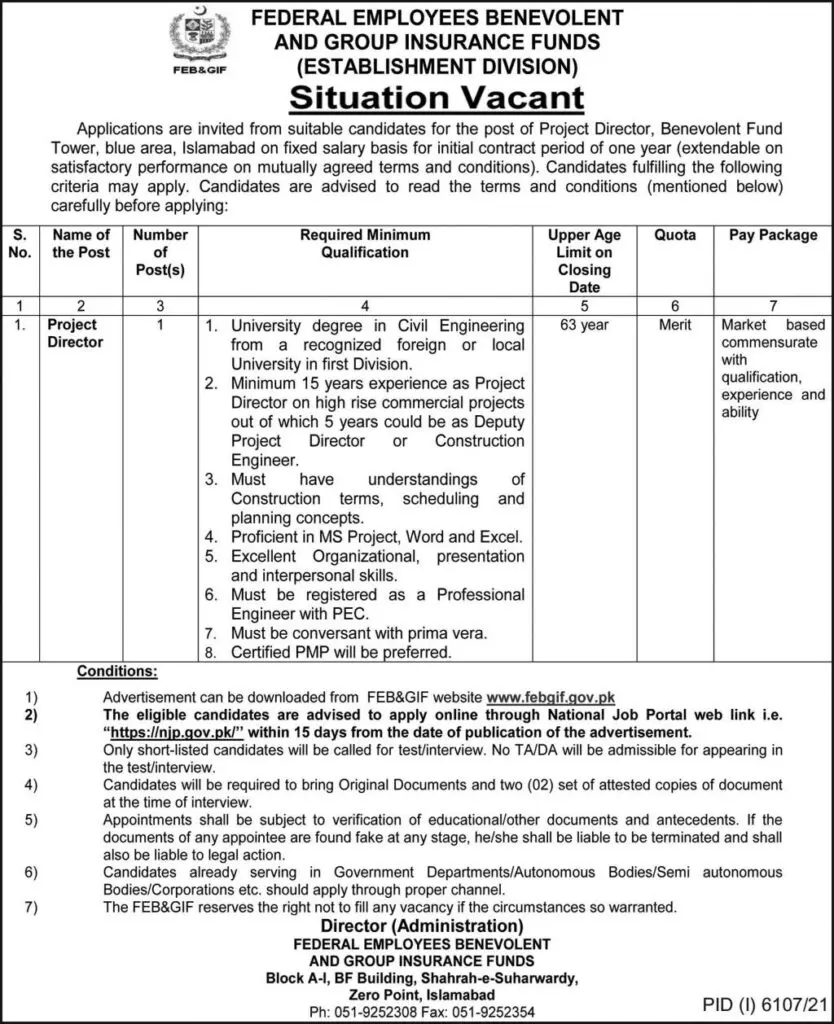 Federal Employees Benevolent and Group Insurance Funds Jobs – Establishment Division Islamabad Jobs 2022 — original advertisement