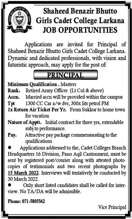 Shaheed Benazir Bhutto Girls Cadet College Larkana Jobs – Bakhtawar Cadet College for Girls Shaheed Benazir abad Jobs 2022 — original advertisement