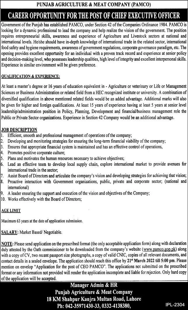Punjab Agriculture & Meat Company Jobs – Govt of Punjab Jobs 2022 — original advertisement