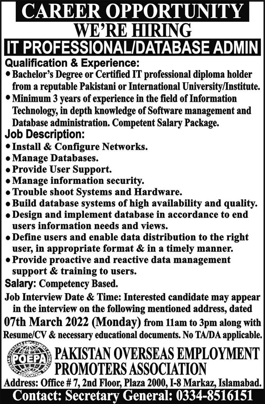 Pakistan Overseas Employment Promoters Association Jobs – Public Sector Organization Jobs 2022 — original advertisement