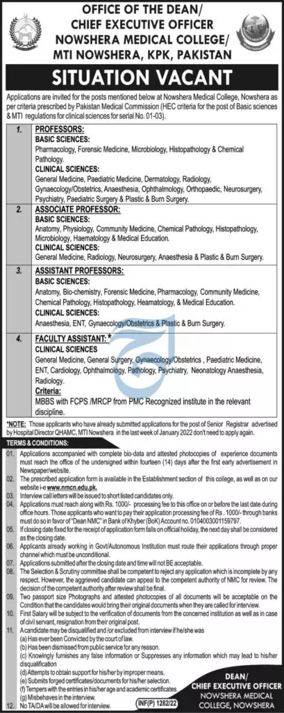 Jobs In  Medical College Nowshera – Govt of Kpk Jobs 2022 — original advertisement