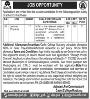 Jobs In Cadet College Mastung – Cadet College Mastung Balochistan Jobs 2022 — original advertisement