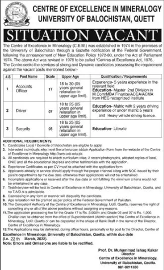 Jobs In University of Balochistan Quetta Jobs 2022 — original advertisement