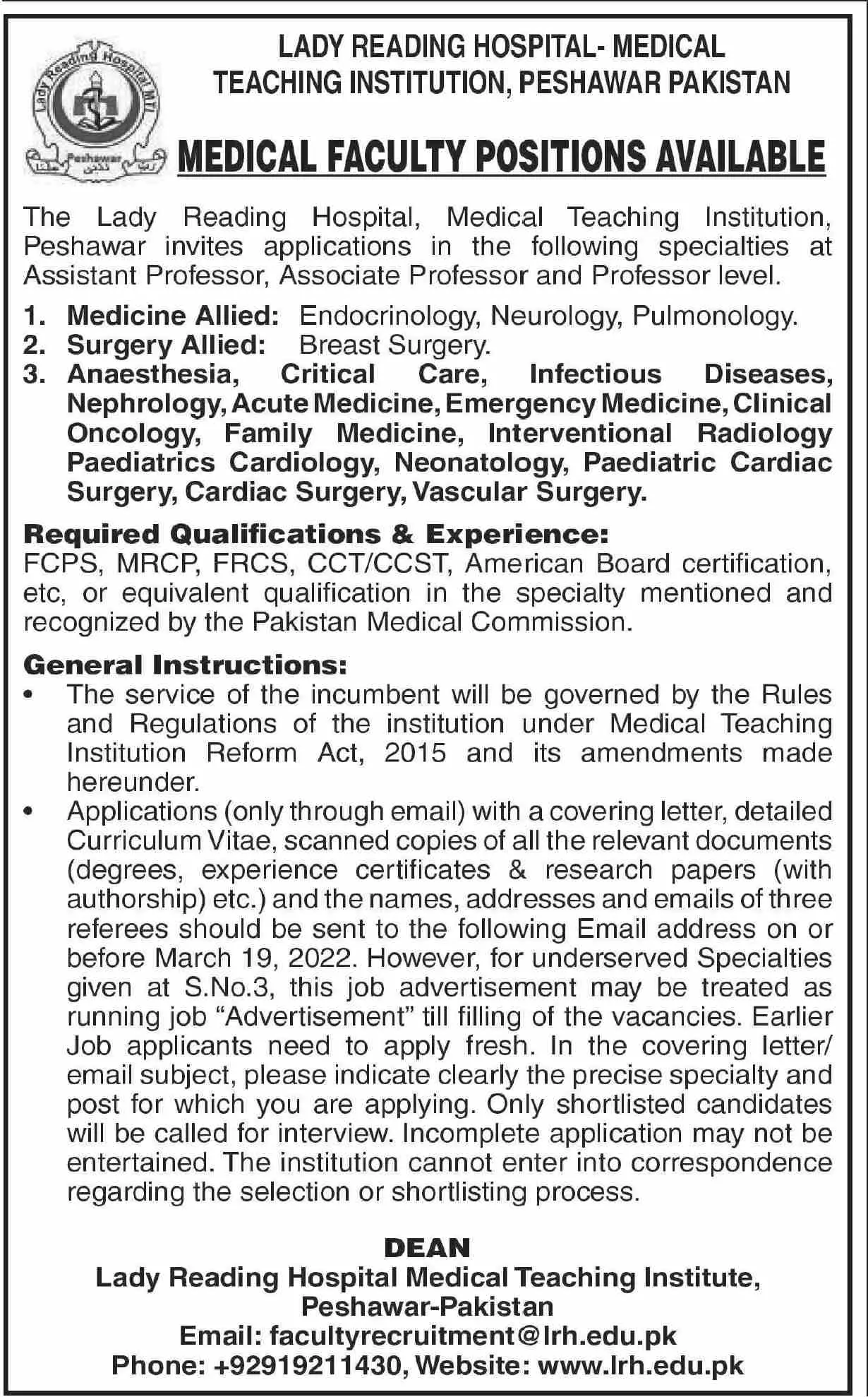 Jobs Lady Reading Hospital MTI Peshawar 2022 – Lady Reading Hospital Peshawar Jobs 2022 — original advertisement