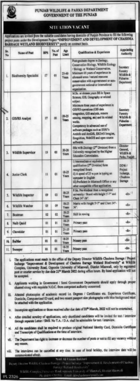Punjab Wildlife and Parks Department Jobs – Govt of Punjab Jobs 2022 — original advertisement