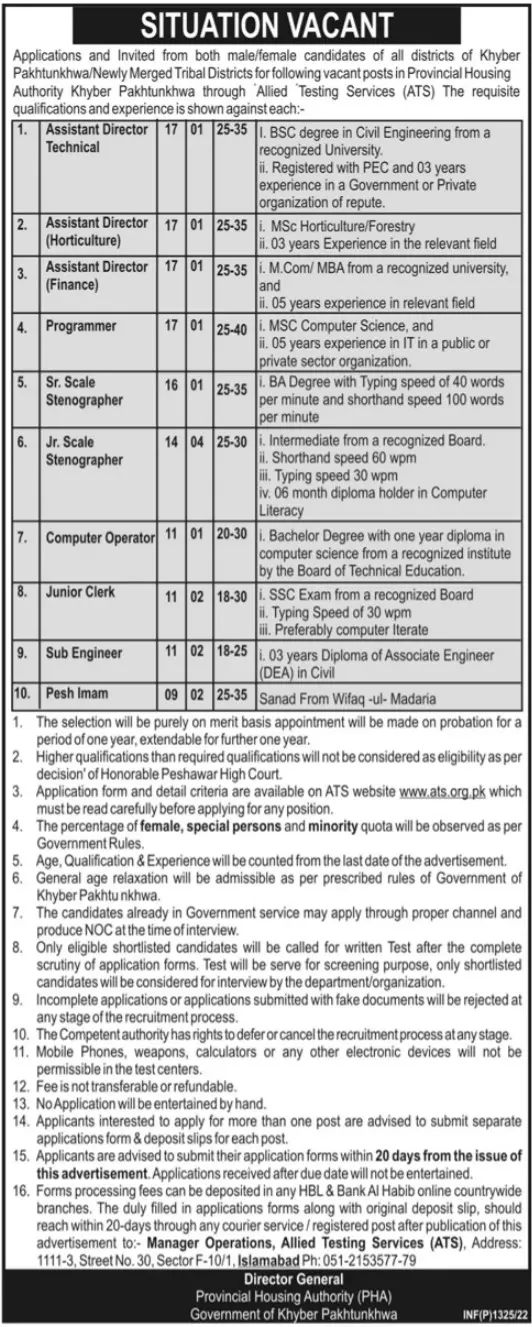 Jobs In Provincial Housing Authority Peshawar – Provincial Housing Authority KPK Jobs 2022 — original advertisement