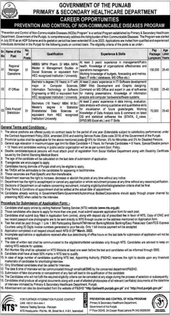 Primary and Secondary Healthcare Department Punjab Jobs 2022 – Health Department Punjab Jobs 2022 — original advertisement