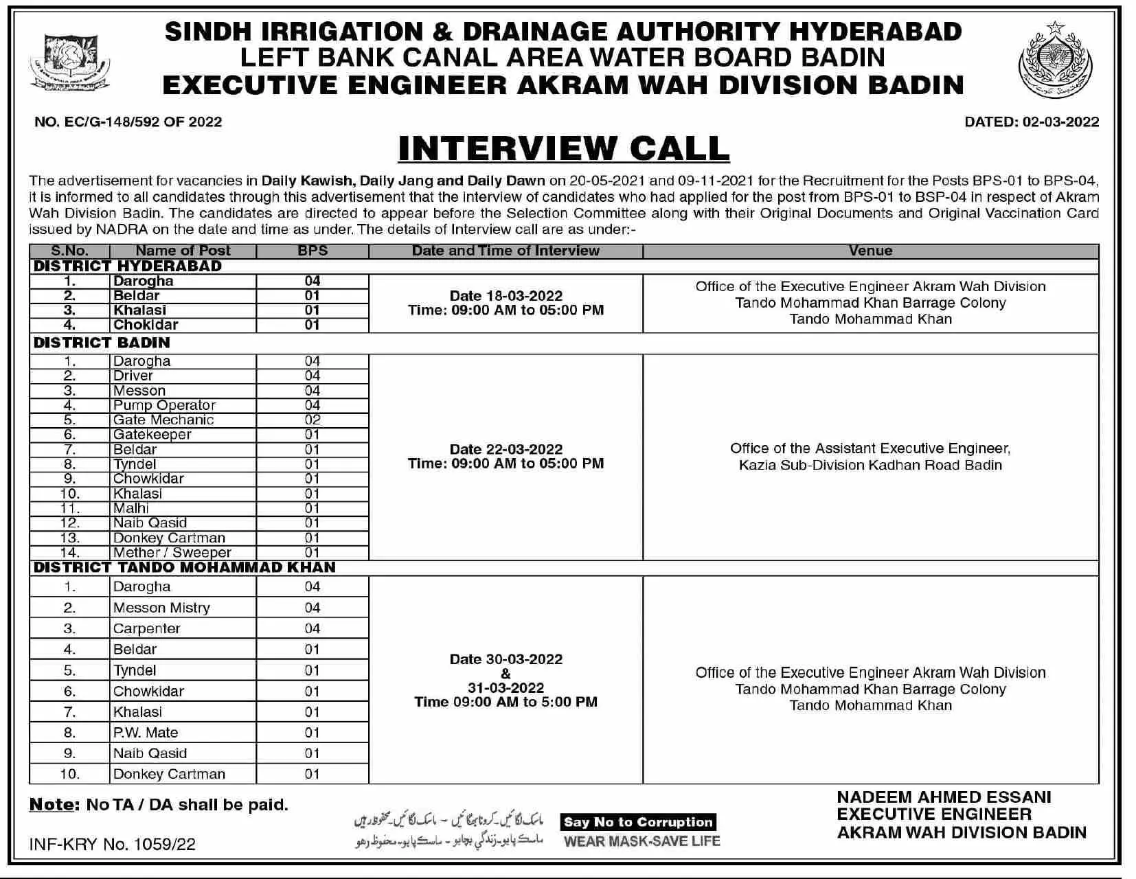 Interview Sindh Irrigation And Drainage Authority Hyderabad – Irrigation Department Sindh Jobs 2022 — original advertisement