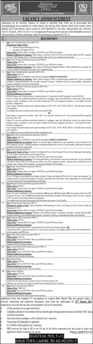 Jobs  In Pakistan Institute of Fashion and Design Lahore – Pakistan Institute of Fashion and Design PIFD Lahore Jobs 2022 — original advertisement