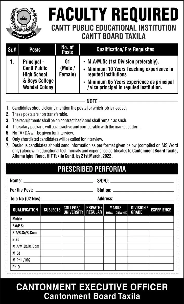 Cantt Public Educational Institution Cantt Board Taxila Jobs – Cantonment Board Jobs 2022 — original advertisement
