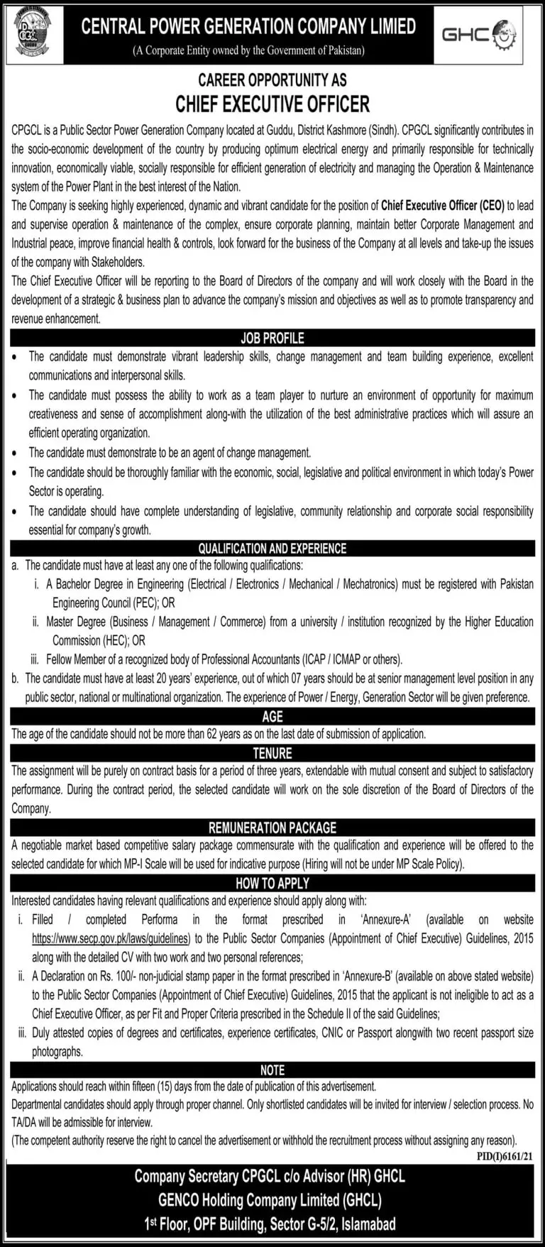 Central Power Generation Company Limied Jobs – Genco Holding Company Limited (GHCL) Jobs 2022 — original advertisement