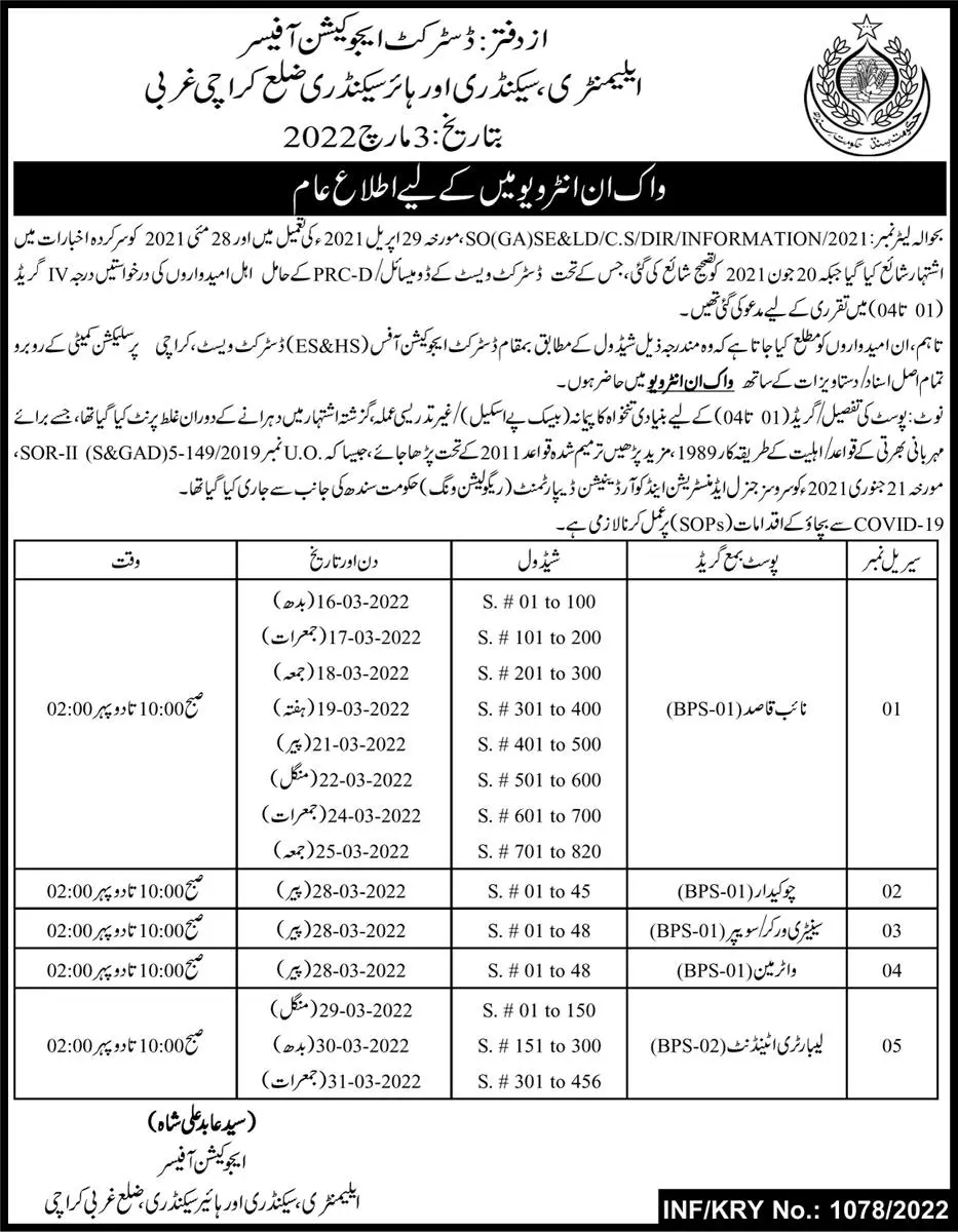 Interviews Elementary and secondary Education Karachi – Govt of Sindh Jobs 2022 — original advertisement