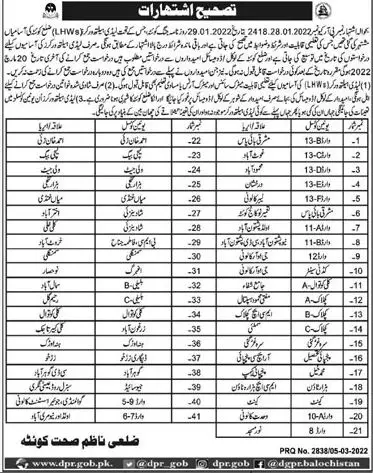 Lady Health Worker Jobs in Quetta 2022 – Health Department Balochsitan Jobs 2022 — original advertisement