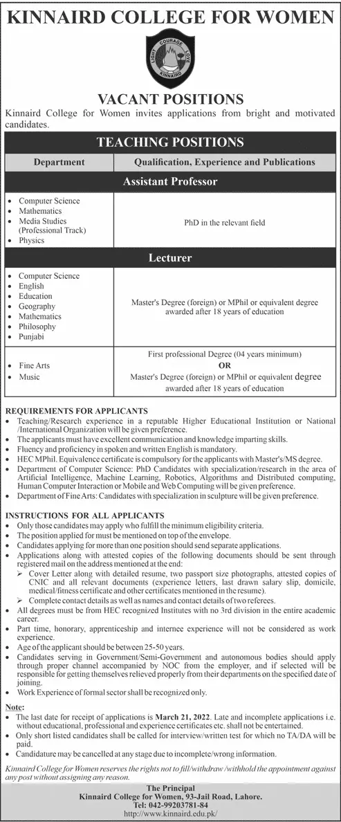 Jobs In  Kinnaird College for Women Lahore – Punjab Kinnaird College for Women Lahore Jobs 2022 — original advertisement