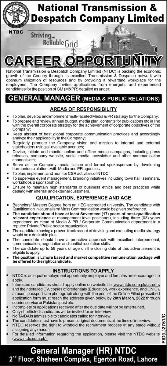 Jobs In National Transmission & Despatch Company Pakistan – National Transmission & Despatch Company NTDC Jobs 2022 — original advertisement